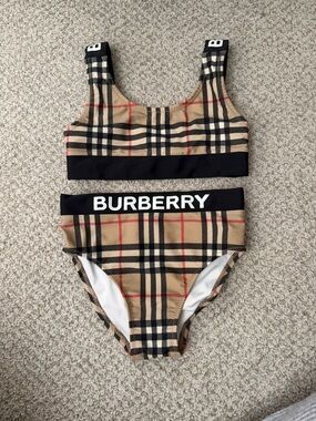Little Girl Burberry Vintage Check Bikini Set in Beige and Black